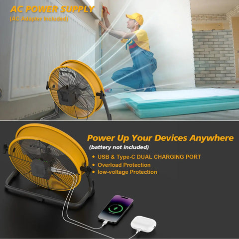 Dual Power 16 Inch Floor Fan Cordless Or AC Powered with USB Output and High Velocity, shown with AC adapter and charging devices