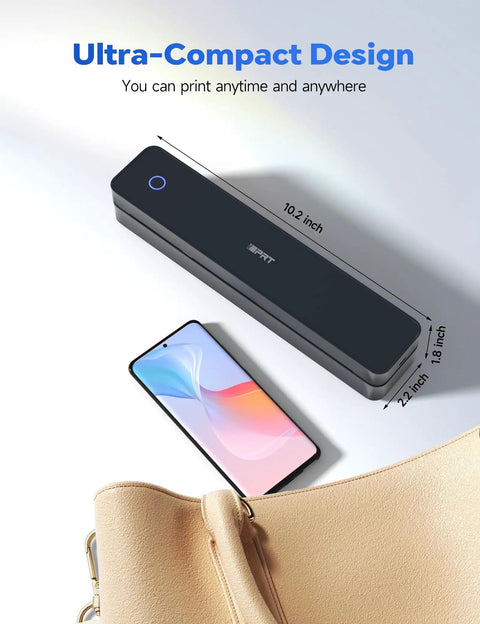 Grab And Go Portable Thermal Printer With 300Dpi Resolution Prints Docs On The Fly With Zero Ink Hassle Smooth Bluetooth Syncing For Fast Office Home Or Road Trips Supports Us Letter A4 Page Formats In Clean Black next to a smartphone on a stylish bag.