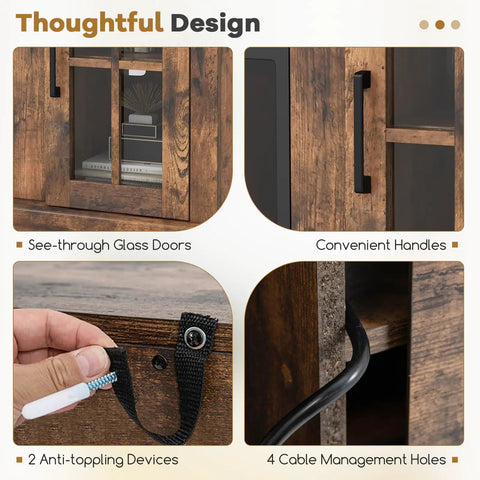 Close-up details of Electric Fireplace TV Stand For 65 Inch TVs With 23 Inch Insert, showing glass doors, handles, and cable holes.