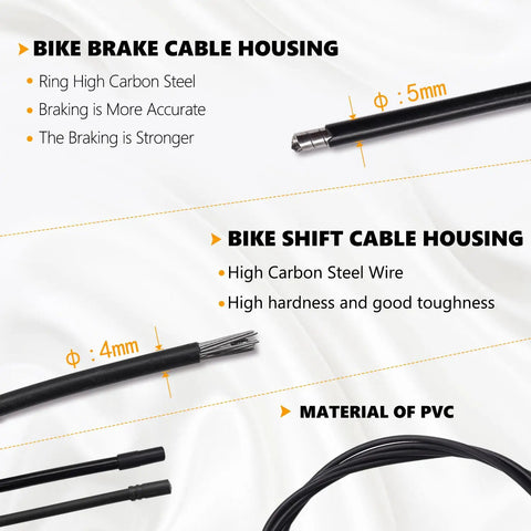 Universal Bicycle Brake Cable And Shift Cable And Housing Kit with end caps, PVC material, high carbon steel, for mountain and road bikes.