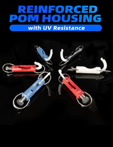 Outrigger release clips set (6 pcs) with red, blue and white plastic bodies, metal rings, UV-resistant housing