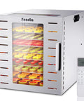 Slick Food Dehydrator With Nine Stainless Steel Trays And Handy Remote Control showing colorful fruit slices drying inside.