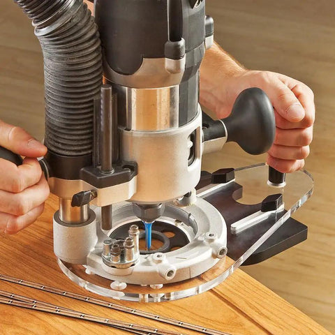 Universal Offset Router Base Plate For Precision Woodworking Clear Acrylic Foot in use with router for detailed wood cutting.