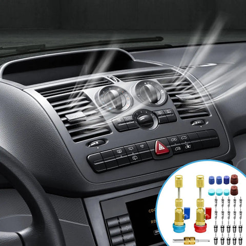Car dashboard with AC system; inset of 31Pcs R134A Valve Core Quick Remover And Installer Tool Set For AC Refrigerant System.