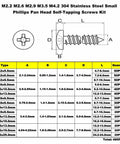 No Nonsense 304 Stainless Steel Screw Assortment 480 Pieces showing dimensions and types of Phillips pan head screws.