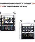 Front and side view of 10 Inch 2U Adjustable DIN Rail Mount Bracket For DeskPi RackMate installed with network devices and wiring.