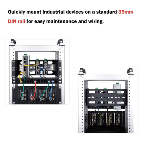 Front and side view of 10 Inch 2U Adjustable DIN Rail Mount Bracket For DeskPi RackMate installed with network devices and wiring.