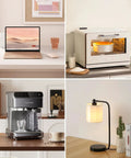 Home office setup with laptop, oven with dish inside, espresso machine, lamp on desk