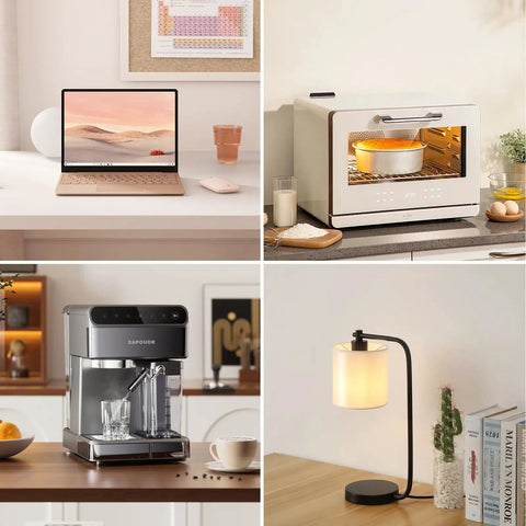 Collage of home office and kitchen items including a laptop, toaster oven, espresso machine, and desk lamp.