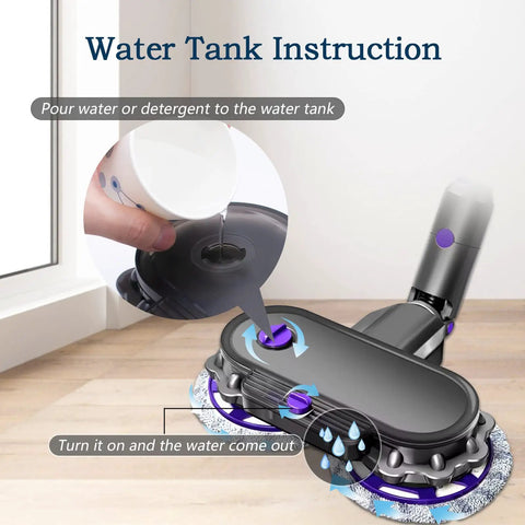 Diagram showing water tank filling instructions for Electric Cleaning Mop Head For V7 V8 V10 V11 Cordless Vacuums Wet Dry Mop Attachment