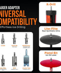 Universal compatibility diagram for EZ Ice Auger Drill Adapter For Cordless Drill Snap On Quick Connect System Fits Pistol Bit K Drill Lite Flite Ice Fishing Augers And Other Drill Attachments No Fuss Setup.