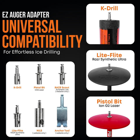 Universal compatibility diagram for EZ Ice Auger Drill Adapter For Cordless Drill Snap On Quick Connect System Fits Pistol Bit K Drill Lite Flite Ice Fishing Augers And Other Drill Attachments No Fuss Setup.