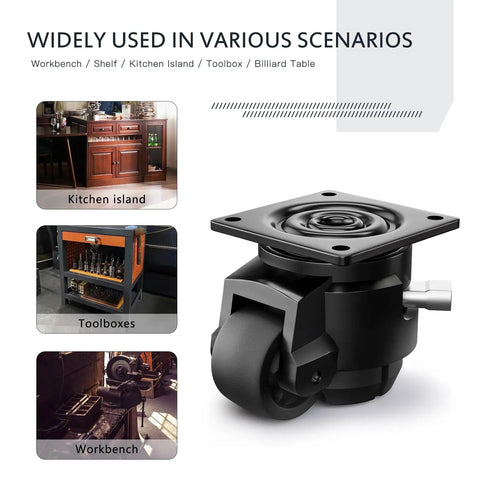 Heavy Duty Leveling Casters With Upgraded Ratchet Handle For Uneven Floors Adjustable Retractable Swivel Casters Set Of 4 in use on kitchen island, toolboxes, and workbench.