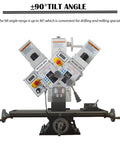 Mini Benchtop Mill And Drill Press With Brushless Motor shows ±90° tilt angle for versatile metalworking tasks.