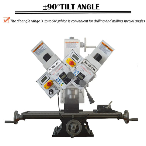 Mini Benchtop Mill And Drill Press With Brushless Motor shows ±90° tilt angle for versatile metalworking tasks.