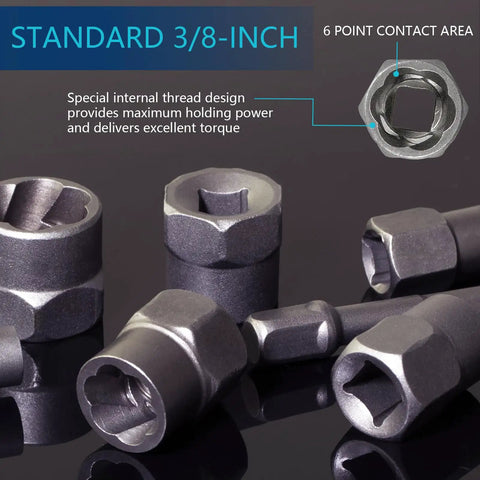26 Piece Impact Bolt And Spiral Screw Extractor Set With Left Hand Reverse Drill Bits shown with hex adapter and bits.