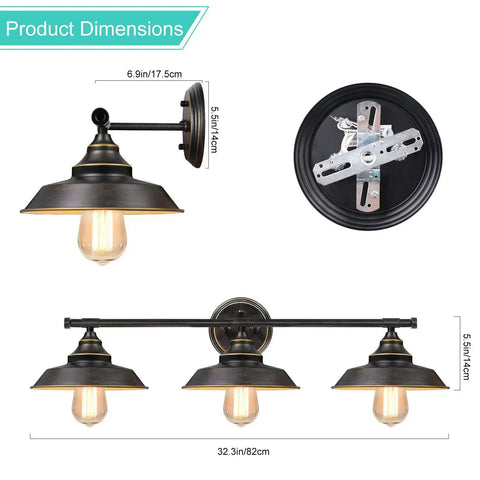 Industrial Rustic 3 Light Vanity Wall Sconce In Dark Bronze With Vintage Gold Trim shown with product dimensions