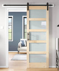 Glass Sliding Barn Door Slab 30x84 Inches With 5ft Hardware Kit Included, Frosted 5 Panel Glass, Spruce Wood Frame, installed view