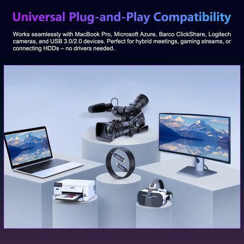 Heavy Duty Fiber Optic USB C Cable Delivers Lightning Fast 10Gbps Data Sync featured with laptop, camera, printer, and monitor setup.