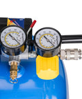 Kickass Oil Free Portable Air Compressor 8 Gallon Horizontal Tank 150 PSI Max Pressure pressure gauges and controls detail.
