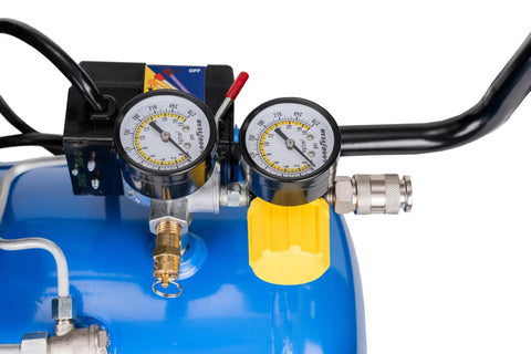 Kickass Oil Free Portable Air Compressor 8 Gallon Horizontal Tank 150 PSI Max Pressure pressure gauges and controls detail.