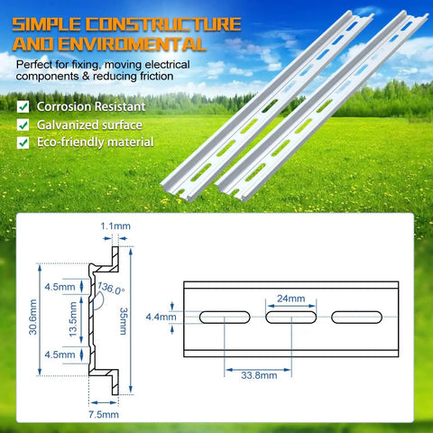 Diagram and photo of Six Piece Aluminum DIN Rails Set For Pro Grade Hardware Mounting, 4 Inch Long, 35mm Wide, 7.5mm High.