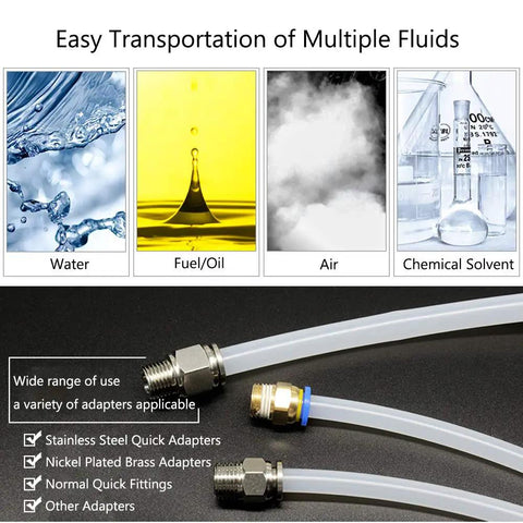4mm OD Nylon Pneumatic Air Line Tubing Clear 32.8 Ft Long, 2.5mm ID, SAE J844 Tubing with various fluid images and adapters