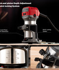 Close-up of Compact Wood Router Tool With 6.5 Amp 1.25 HP Motor featuring rack-and-pinion depth adjustment and quick locking system.