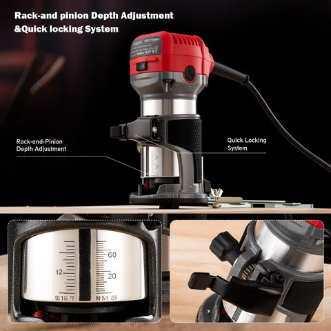 Close-up of Compact Wood Router Tool With 6.5 Amp 1.25 HP Motor featuring rack-and-pinion depth adjustment and quick locking system.