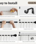 Installation steps for heavy duty black curtain rods 72 to 144 inches, showing measuring, drilling, connecting, and hanging.