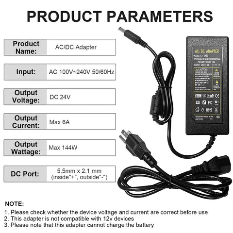 24V Power Supply Adapter 100-240V AC To DC 24V 6A Max 144W With 5.5mm By 2.1mm DC Plug product details and specifications