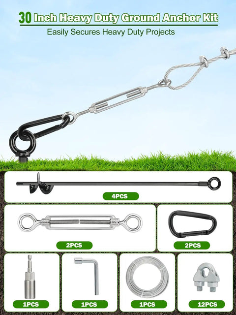 Beefy Heavy Duty Ground Anchors Kit 4 Pack 30 Inch Anchors With Fifty Foot Three Sixteenth Inch Galvanized Cable Turnbuckles Carabiners And Rope Clamps For Sheds Trees Trampolines Greenhouses Swing Sets And Tents components