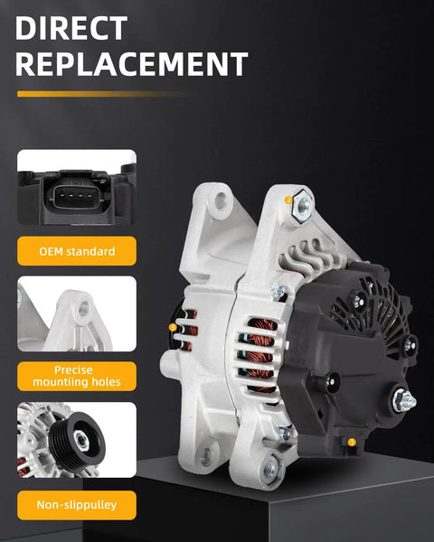 Heavy Duty Alternator For Kia Sedona 2002 To 2005 120 Amp 6 Groove Pulley showing mounting holes and electrical connections.