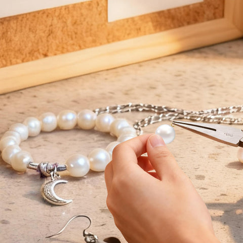 Hand crafting jewelry with pearls and moon charm using 800Pcs Screw Eye Pins Kit For Jewelry Making And DIY Crafts Includes Three Sizes In Gold And Silver