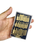 Solid Thirty Piece Gun Cleaning Rod Fitting Adapters With Hella Compatible Threads in hand, showcasing brass thread converters.