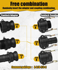 Six Piece Cam Lock Fittings Kit For Fast Grab-And-Go Connections On Hoses And Pipes, types A-F shown, black polypropylene