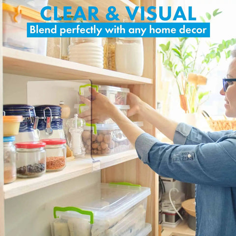 Clear Acrylic Shelf Dividers For Closet Organization, No Fuss 8 Pack Shelf Dividers shown in a kitchen storage setup