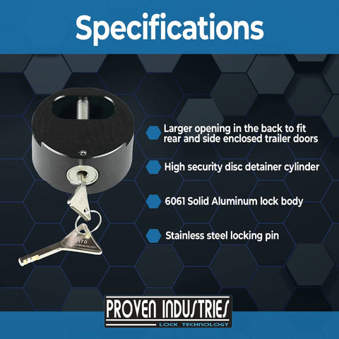 Puck Lock Set 2-Pack With Hidden Shackle For Trailer Security, Keyed Alike, 6061 Aluminum, with keys and specifications text