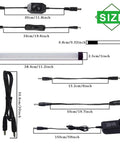 Plug And Play Dimmable Under Cabinet LED Light Bar Kit With Rotary Dimmer Switch, size measurements shown, cables and power adapter displayed