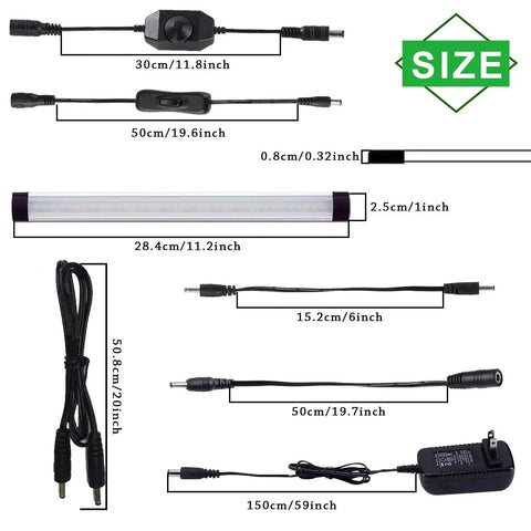 Plug And Play Dimmable Under Cabinet LED Light Bar Kit With Rotary Dimmer Switch, size measurements shown, cables and power adapter displayed