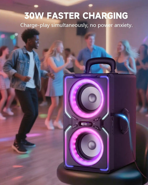 Beast 240W Peak Bluetooth Party Speaker With Deep Bass, 30W fast charge, shown at a party with LED lights and dancers.