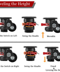 Heavy Duty Leveling Casters With Quick Lock Brakes, 4800 Lb Load Rating, Set Of Four Adjustable Height Wheels, Built Tough To Haul Heavy Loads Without Breaking A Sweat, showing height adjustment mechanisms.
