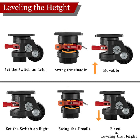 Heavy Duty Leveling Casters With Quick Lock Brakes, 4800 Lb Load Rating, Set Of Four Adjustable Height Wheels, Built Tough To Haul Heavy Loads Without Breaking A Sweat, showing height adjustment mechanisms.