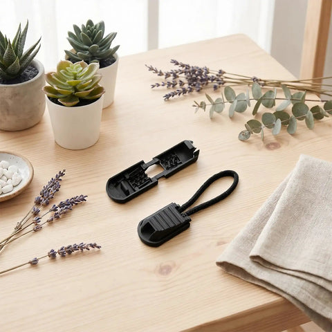 50 Pack No Tie Shoe Lace Clips With Paracord End Caps And Zipper Pulls, Versatile Paracord Tips For Drawstrings, Backpacks, And Running Shoes, Black, Ideal For Athletes. Black lace clip and paracord end cap shown on wooden table.