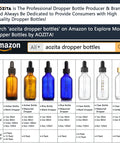Various dropper bottles including amber, blue, and clear styles in different sizes, displayed on a product comparison chart.