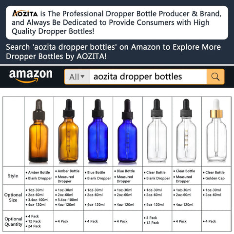 Various dropper bottles including amber, blue, and clear styles in different sizes, displayed on a product comparison chart.