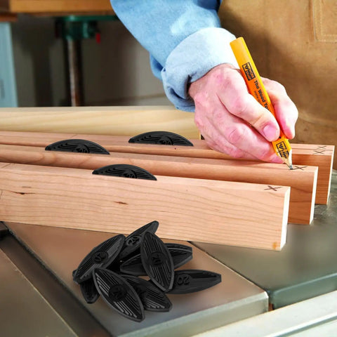 Fifty Pieces Plastic Biscuit Joiners Self Clamping Plate Joiner Tool Connectors for Woodworking shown with wood markings.