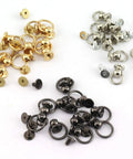 Real Deal 30 Pieces Heavy Duty Screwback Leather Rivet Kit With Pull Rings 8x6mm Round Head Metal Studs in gold, silver, black.