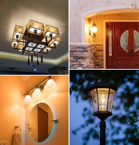Collage of lighting fixtures using 8W LED Porch Light Bulb Dimmable 2700K Warm White E26 Base Outdoor Post Light For Ceiling Fans And Lanterns