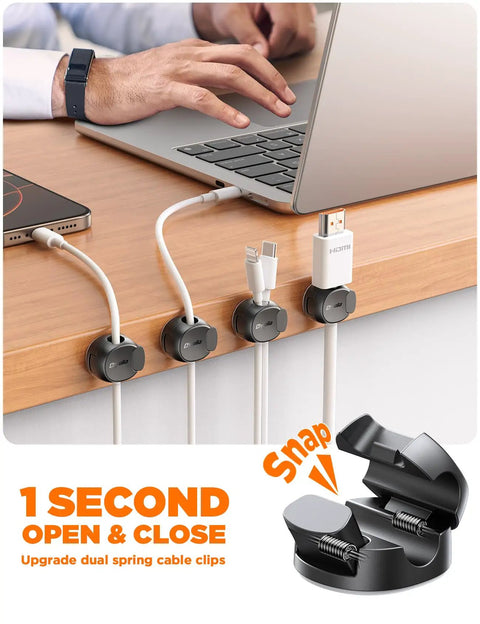 Easy Cord Organizer With Dual Spring And Clasp Cable Clips For Max Secure Hold shown holding cables on a desk edge in black color